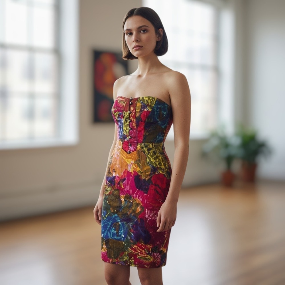 Moulinette Soeurs Strapless Abstract Print Cotton Midi Dress Button Front Size 2